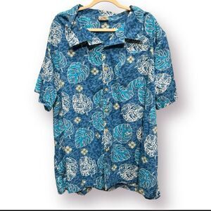 Barefoot In Paradise Mens Blue Palm Hawaiian Short Sleeve Button Up Shirt XXL